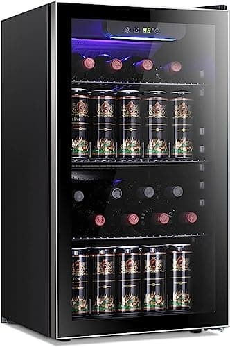 Antarctic Star 26 Bottle 130 Can Wine Cooler/Cabinet Beverage Refrigerator Mini Wine Cellar Beer Soda Clear Glass Door Bar Fridge Quiet Compressor Adjust Temp Freestanding Indoor Use 3.2cu.ft Black
