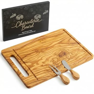 Ziliny Large Olive Wood Charcuterie Board & Cheese Knife Fork Set Housewarming Wedding Gifts for Couples 15.8" x 10" Handcrafted Charcuterie Board with Cheese Knife Fork for Kitchen Bridal Shower