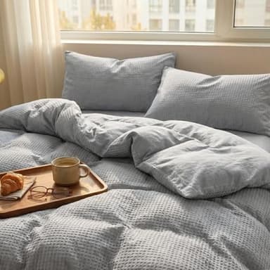 DCSKY Cotton Duvet Cover Full,100% Cotton Waffle Weave Grey Duvet Covers Full Size,Luxury Textured & Breathable 3pcs with 2 Pillow Shams for All Season 80x90 Inches