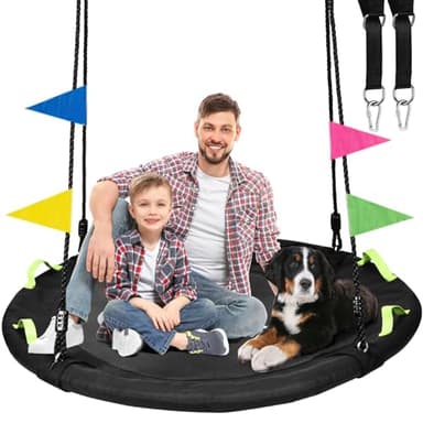 HeyZoo 48 inch Tree Swing, Larger Saucer Flying Swing for Whole Family, 900lbs Weight Capacity, with Adjustable Hanging Straps, for Outdoor Backyard, Gifts for Kids, Black