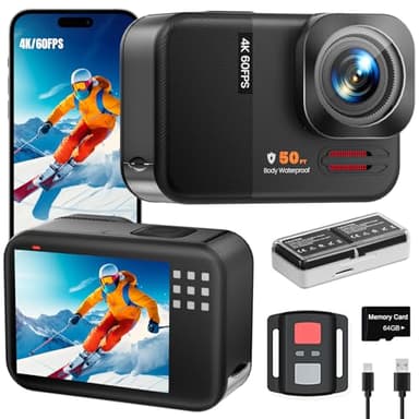 Euorosi 4K 60FPS 48MP WiFi Action Camera with Touch Screen, 50FT Underwater Waterproof Camera, No Case Needed, EIS Motorcycle Camera, 8X Zoom, 64GB Card, Remote Control, Batteries & Mounting Kits