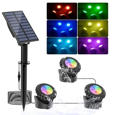 T-SUN Solar Fountain Lights Submersible Solar LED Underwater Pond Lights Color Changing Landscape Spotlights IP68 Waterproof for Garden Fish Trank Aquarium Pool Waterproof (3 Lights in 1)
