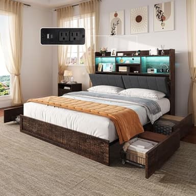 AMERLIFE Full Size Bed Frame with 51.2" Tall Bookcase Headboard, Farmhouse Platform Bed with 4 Storage Drawers, Linen Upholstered, Charging Station & Storage, Rustic Brown