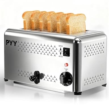 PYY Commercial Toaster 6 Slices - with 2/4/6 Slice Options, 180 Pcs/H, 5-Level Setting Toaster with Removable Crumb Tray, 1.1 inch Wide Slot for Bagel and Bread, 1650W Stainless Steel for Restaurant