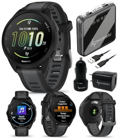 Wearable4U - Garmin Forerunner 165 Music Running Smartwatch, Colorful AMOLED Touchscreen, Training Metrics and Recovery Insights Includes PowerPack and Adapters Bundle, Black/Slate Gray