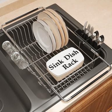 Over the Sink Expandable Dish Drainer Drying Rack In Stainless Steel for Small Kitchen, Counter Space Saving Modern Compact Metal Above Plate Dryer Strainer, Adjustable Hanging Inside Drain Holder