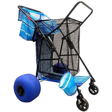 Beach Cart Balloon Wheel Deluxe Heavy Duty Folding Ocean Utility 13” x 7” Sand Wheels Holds 4 Folding Chairs Umbrella Holder Removable Beach Bag Blue Striped Pattern
