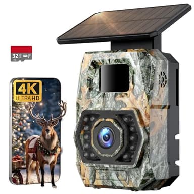 Trail Camera Sends Pictures to Cell Phone, 60MP 4K Game Camera 0.1s Trigger, Solar Trail Camera with 5200mAh Battery, IP66 Waterproof with 32GB SD Card, Trail Cam for Outdoor Wildlife Detection