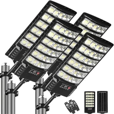4-Pack Solar Street Lights, 50000lm Outdoor Flood Light, 2 Motion Sensor Modes, Dusk to Dawn, IP66 Waterproof, Solar Powered Parking Lot Light with Remote Control, 6500k Dimmable Security Lamp