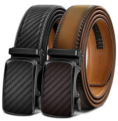 BULLIANT Men's Ratchet Belt 2 Pack-Click Leather Belt Adjustable for Men Gift 1 3/8-Cut for Perfect Fit(Black/Tawny,32"-38" Waist Adjustable)