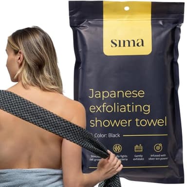 Sima Brand Exfoliating Washcloth Face & Body Scrub Towel - Japanese Exfoliating Towel with Hexagon Fibers, Body Scrubber with 2 Sides for Scrubbing & Washing, Extra Long Body Towels (Black)