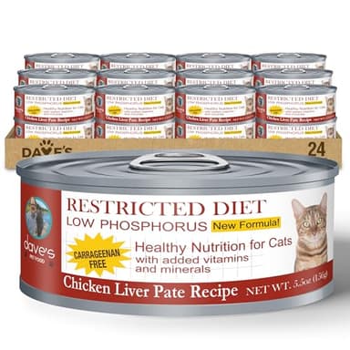 Dave's Pet Food Kidney Support Wet Canned Cat Food for Renal Health (Chicken Liver & Chicken Pate), Non-Prescription Low Phosphorus Restricted Diet 5.5 oz,(24 Pack)