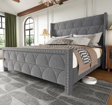 OHOHOLIVE King Size Bed Frame with 56" Headboard - Velvet Upholstered Wingback Platform Bed Frame, Noise Free, Sturdy Wooden Slat Support (Deep Gray, King)