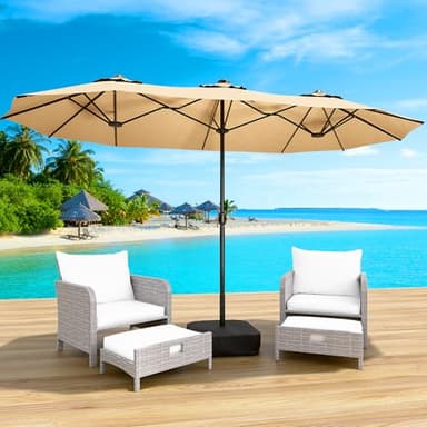 LEVELEVE 15FT Double-Sided Patio Umbrella with Base Included, Large Outdoor Rectangular Market Umbrella for Backyard, Poolside, Lawn & Garden, Khaki