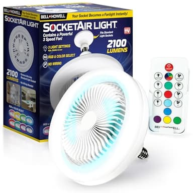 Bell+Howell SocketAir Wireless Ceiling Fan Light with Remote Control, Extender,110-120 Volt, 2100 Lumens, 3 Fan Speeds, 3 Light Settings, 6500K for Living, Dining, Working Space ASON TV