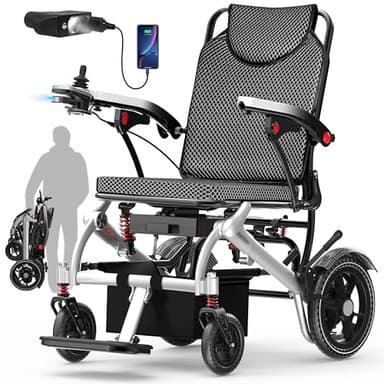 Electric Wheelchairs for Adults Foldable 36LBS Lightweight, 15 Miles Travel Range, Max Support 350 LBS, 500W Brushless Motors with LED Light, Airline Approval-Full Silver Color with New Armrests