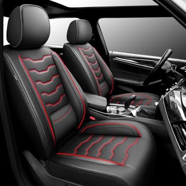 Conjie Fit Compass Car Seat Covers for Jeep Compass 2007-2025 2026 -Full Set Premium Leather, Waterproof & Breathable，All-Weather Seat Cushion Protecto & Airbag Compatible,2 Front Seat Red Line&Black