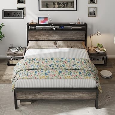 AMERLIFE Full Size Bed Frame Industrial Platform Bed with Charging Station, 2-Tier Storage Headboard/No Box Spring Needed/Noise-Free/Rustic Grey