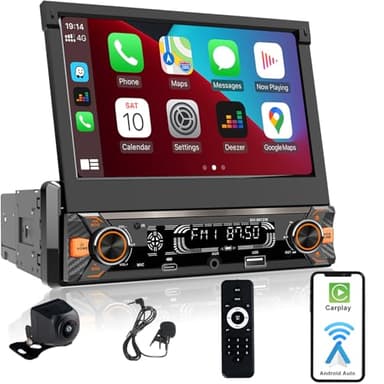 Alondy Single Din Car Radio Touchscreen (7" Motorized Flip Out) Compatible with Apple CarPlay [Wireless] Android Auto Car Stereo Bluetooth Type-C USB (3A Fast Charge) Backup Camera AUX