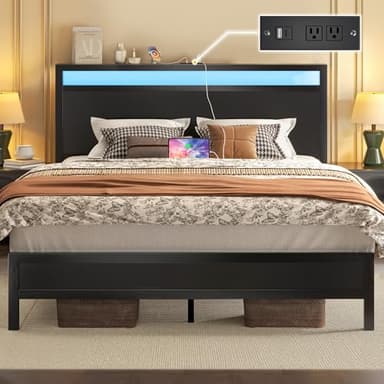 Fluest Queen Bed Frame with Headboard & Footboard, Bed Frame with Built-in Charging Station & LED Light, Storage Shelf, Noise-Free, No Box Spring Needed, Easy Assembly, Classic Black