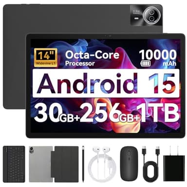 URAO Tablet｜14 inch Android 15 Tablet｜30GB RAM 256GB ROM｜1920 * 1200 IPS FHD｜10000mAh 30W Fast Charging｜Octa-core Processor｜Wi-Fi 6, BT 5.4｜Dual Camera with Keyboard｜Mouse｜Stylus｜Case｜Headphone