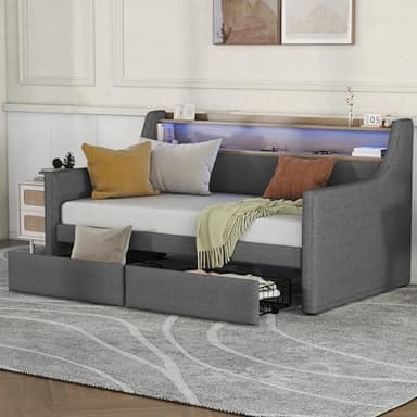 Bellemave Twin Size Daybed with Drawers, Upholstery Daybed with LED Light ＆ Charging Station, Fabirc Day Bed with Wood and Metal Frame, Twin Daybed Frame with Storage Shelf, Grey