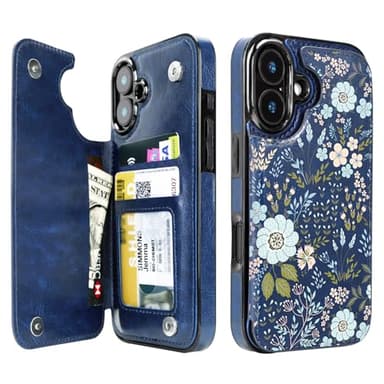 uCOLOR for iPhone 16 Wallet Case with Card Holder, PU Leather RFID Blocking iPhone 16 Case Wallet Folio Flip Case for Women Men, Magnetic Clasp Kickstand Design 6.1" (Blue Daisy)
