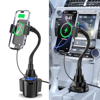 Cup Holder Phone Mount, [Auto Clamping] 2 in 1 Wireless Car Charger Holder Fast Charging, 15W with Quick Extension Long Arm, Fast Swivel Adjustable, 360° Rotatable for iPhone 17/16/15/14/13/12 pro/12