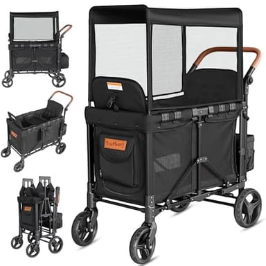 Touheart Wagon Stroller for 2 Kids - Double Seater Push Stroller with Canopy | Collapsible Foldable Wagon for Kids Toddlers & Infants with Removable Seat Pads (Black)