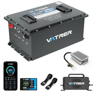 VATRER POWER 48V 105Ah Lithium Golf Cart Battery, Complete Upgrade Kit with Charger, LCD Display, Voltage Reducer, Retention Strap, Built-in 200A BMS, Max 10.24kW Power Output, Perfect for Golf Carts
