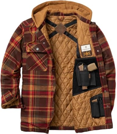 Legendary Whitetails Mens CCW Hooded Flannel Shirt Jacket Polyfill Insulated Quilted Shacket, Maplewood Plaid, Large