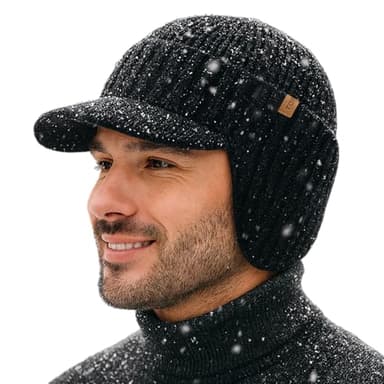 TOP-EX DryKnit™ Merino Wool Waterproof Hat with Brim and Ear Flaps Fleece Lined Beanie with Bill for Men Cold Weather Ski Outdoor Hunting for Big Head Black XL/XXL