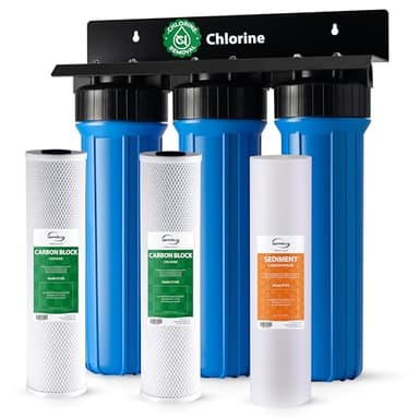 iSpring Whole House Water Filter System, Highly Reduces Sediment, Taste, Odor, and up to 99% Chlorine, 3-Stage w/ 20-Inch Sediment and Carbon Block Filters, Model: WGB32B, 1" Inlet/Outlet