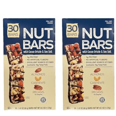 Nut Bars Bundle 60 Count (2x30) – Gluten Free Almond Cashew Pecan Snack Bars with Cocoa Drizzle & Sea Salt – High Fiber, 5g Protein, Kosher Certified – Bundled by Bentronic
