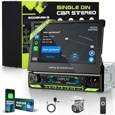【SOOEMAKA】 Single Din Touchscreen Radio with Wireless CarPlay, 7 inch QLED Android Auto Screen for car,Motorized Flip Out Car Stereo Upgrade Fast Charging(QC/PD 3.0)/AM/FM/DSP/AHD (F7012)