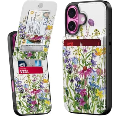 Bemal for iPhone 16 Wallet Case, Built-in Card Holder, Fashion Printed, RFID Blocking, PU Leather Kickstand, Magnetic Closure, Shockproof Phone Cover for Women and Men, Blooming Floral