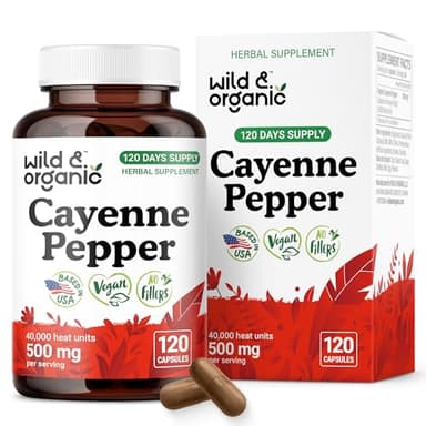Wild & Organic Cayenne Pepper Capsules 500 mg - Digestive Support - Pure Cayenne Pepper Extract - Capsaicin Supplements - Vegan, No Fillers, Non-GMO - 120 Count