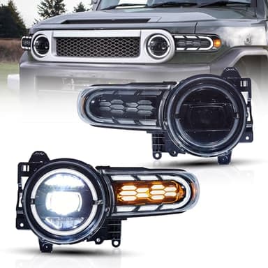 VLAND Projector Headlights Compatible with FJ Cruiser 2007-2022, Front Lamp Assembly w/Dynamic Animation Running Light Bar w/Switchback Turn Signal Lights, Sold as a PAIR, Easy Installation