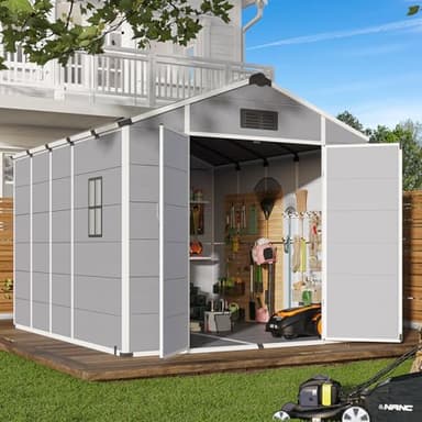 DNYKER 8 x 10 FT Plastic Tool Shed, All-Weather Resin Outdoor Storage Shed with Floor, Lockable Doors & Windows, Plastic Garden Shed for Poolside, Backyard, Patio