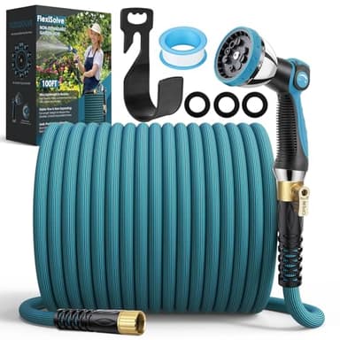 FlexiSolve Garden Hose 100 ft Non-Expandable - Ultra Lightweight Super Flexible & Kink-Free Water Hose with Shut-Off Valve, 10-Pattern Nozzle & Holder, Leakproof Heavy Duty Hose for Yard Outdoor, Blue