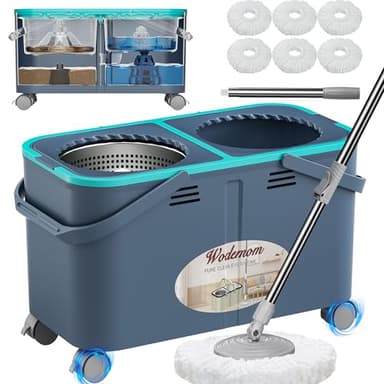 2026 Upgraded Gen 2 Spin Mop and Bucket Set with 4 Swivel Wheels for Easy Rolling, Separates Clean & Dirty Water, Floor Mop with 6 Washable Mop Heads for Wood, Tile, Vinyl, Baseboards - Grey/Blue