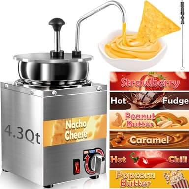 Nacho Cheese Dispenser with Stainless Steel Pump, 4.3 QT Sauce Warmer 86-194℉, 6 Temperature Levels Adjustable Heater,Commercial Hot Fudge Chocolate, Chili, Caramel, Peanut Butter Electric Food Warmer