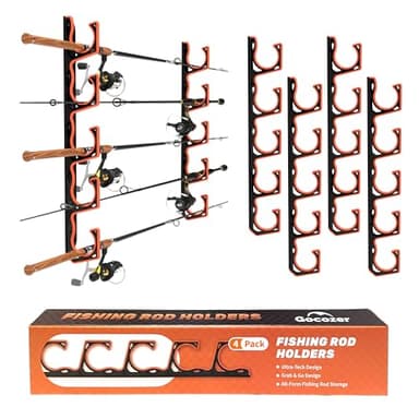 Gocozer Fishing Rod Holder for Garage, H5 Wall or Ceiling Mounted Fishing Pole Holders with Soft Protective Pad, Fishing Rod Storage Organizer, Horizontal Fishing Rod Wall Mount Nets Storage (4 PACK)