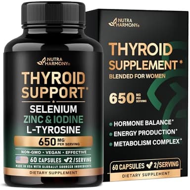 Thyroid Support for Women - Selenium 200 mcg | Astragalus | Zinc & Iodine | L-Tyrosine | Adaptogen Herbs - 21-in-1 Antioxidant & Immune Support - Made in USA - Vegan, Non-GMO, Lab Tested - 60 Capsules