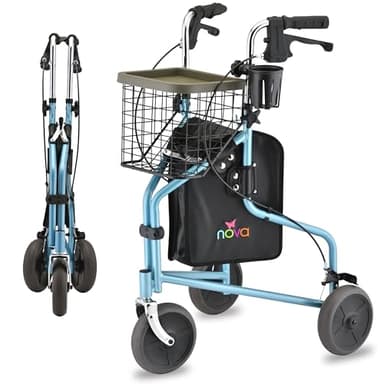 NOVA Traveler Folding 3-Wheel Walker with Tray, Basket, Pouch & Cup Holder, Lightweight Mobility Aid for Seniors & Adults, 8” All-Terrain Wheels for Tight Spaces & Travel, Sky Blue
