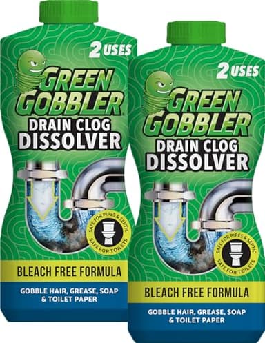 Green Gobbler Drain Clog Dissolver | Powerful Liquid Drain Opener & Toilet Clog Remover | Safe for Pipes & Septic | 2 Pack