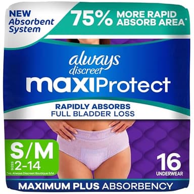 Always Discreet MaxiProtect, Reimagined Adult Diapers for Women, Maximum Plus Incontinence Underwear S/M, 16 CT