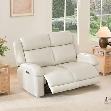 Watson & Whitely Genuine Leather Power Loveseat Recliner Sofa, 2 Seat Wall Hugger Reclining Sofa with Power Headrest & Charging Ports, Dual Recliner Sofas for Living Room, RV, Cream