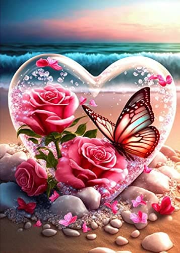 KINPLUB Beach Diamond Painting Kits for Adults, Flowers Heart Diamond Art Kits, 5D DIY Full Drill Seaside Butterflies Paint with Diamonds, Crystal Gem Art for Home Wall Decor 12 x 16 Inch