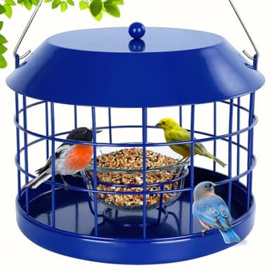 Gbekery Caged Bluebird Feeder for Mealworms with Glass Bowl, Squirrel Proof Bird Feeder for Small Birds Only, Detachable Hook, Large Space, Outdoors Weatherproof, Metal, Blue